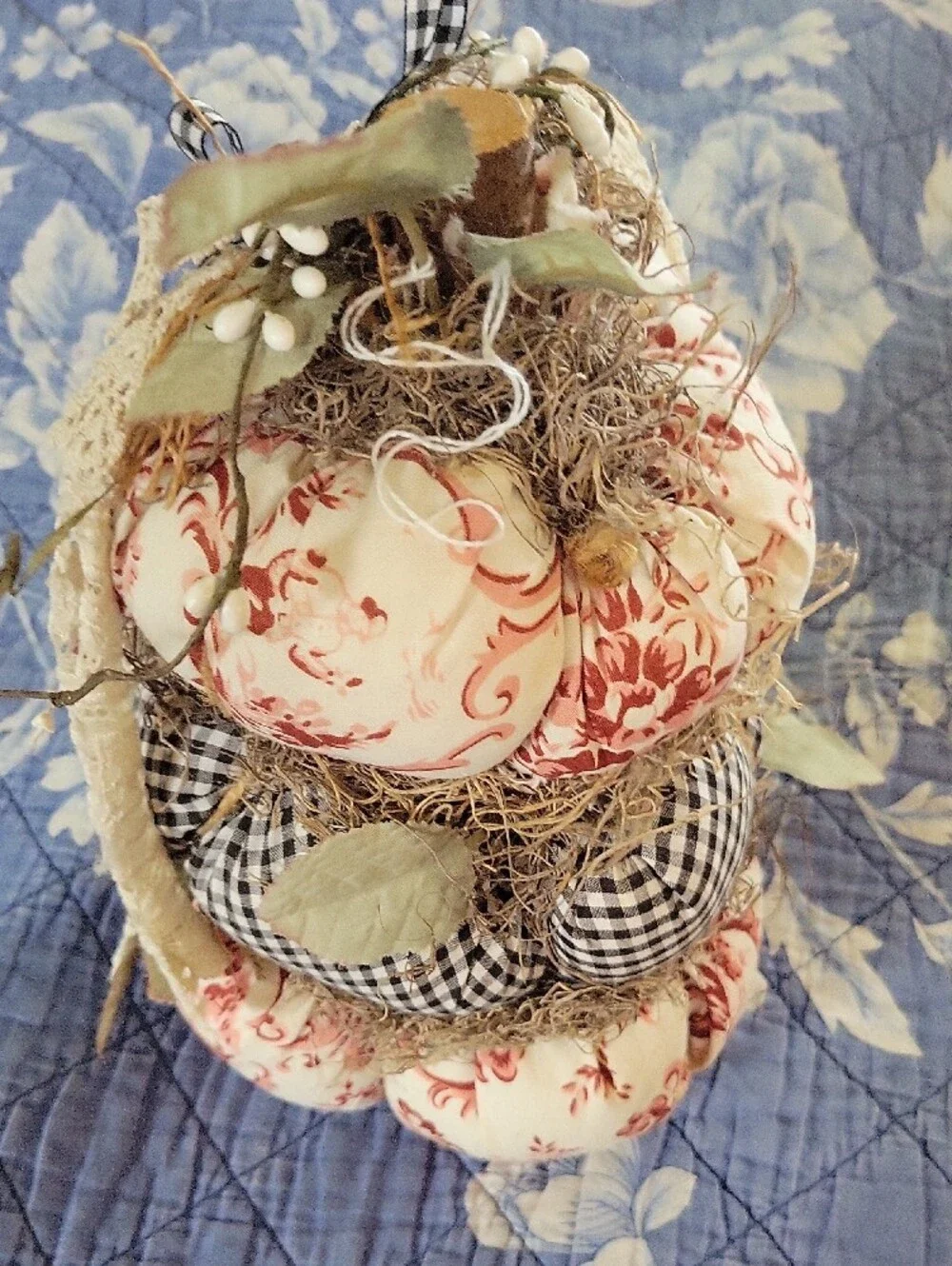 Handmade Rustic Fabric Stacked Pumpkin Fall Decor Gingham Floral Lace